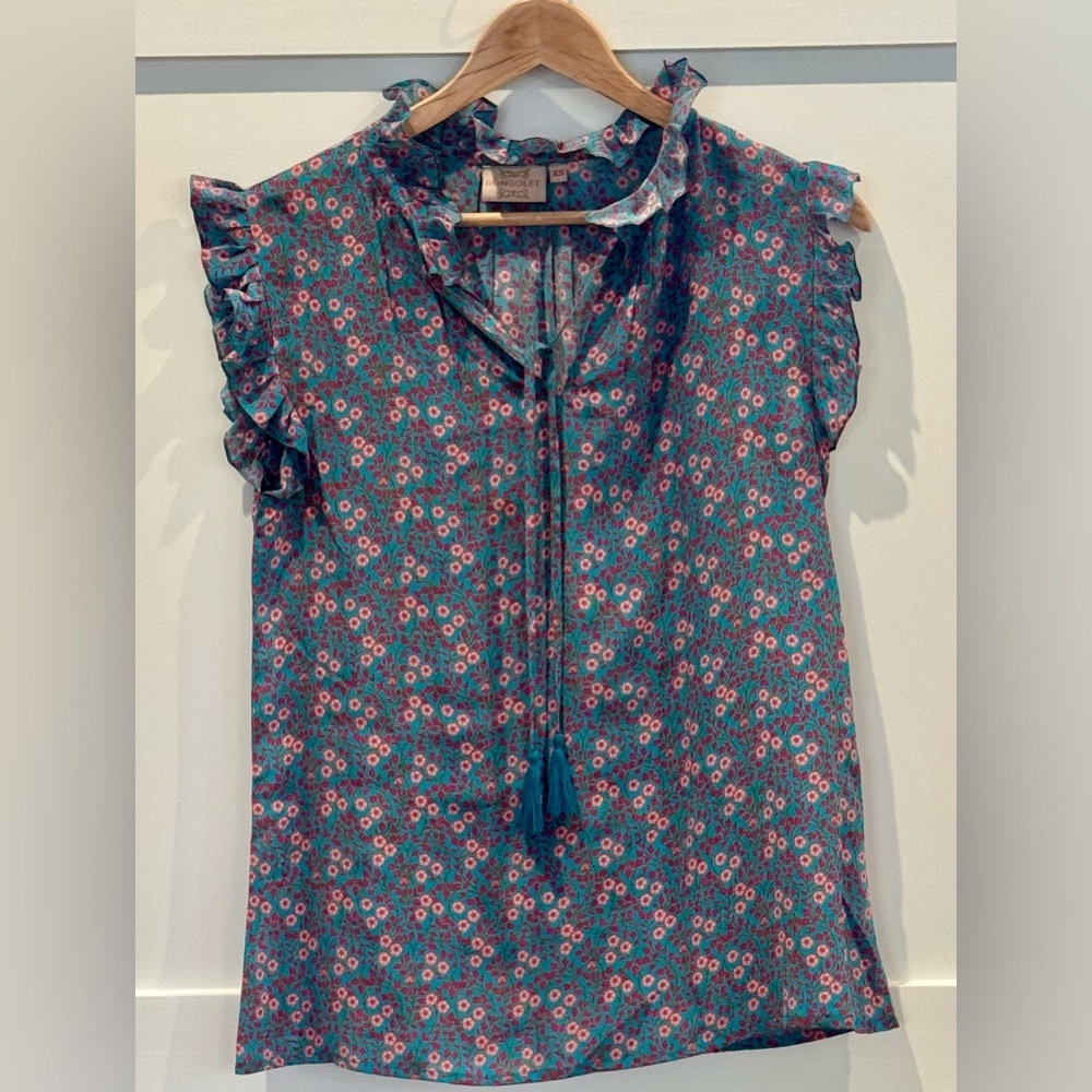 Rungolee Women's Silk Ruffle V-Neck Floral Blouse XS Pink Turquoise